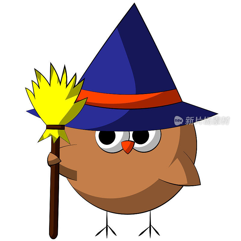 Cute cartoon Owl magician with broom. Draw illustration in color